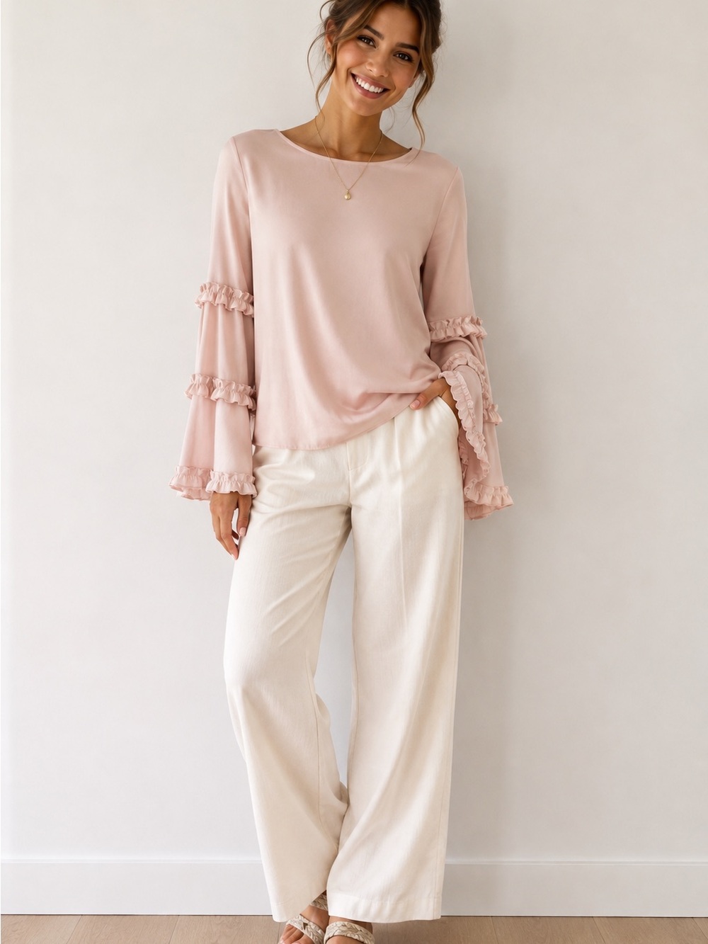 Women's Blush Pink Ruffle Sleeve Blouse